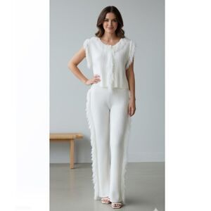 C.H.Y Fashion White Sweater Pant Set Cable Knit 2 Pc Fringe Tassel NWOT Size L